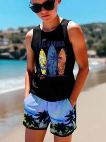 SHEIN 青少年男孩休闲简约针织面料简约时尚经典加州城市名称、棕榈树、3 图形冲浪板印花无袖背心，适合夏季、海滩、度假、户外运动 - 黑色 - 查看 1