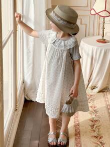 DAZY Set de 2 piezas para niñas jóvenes, con camiseta de manga corta con cuello de volantes y vestido floral ditsy, conjuntos de verano para niñas - Gris - Ver 2