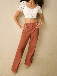 Poéselle Women's Casual Solid Color Zip Front Straight Leg Pants - Brown - View 6