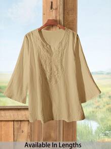 SHEIN PETITE CURVE Plus Size Women's Vacation Solid Color Contrast Lace Long Sleeve Loose Casual Shirt Cotton Tunic Tops For Women Cotton Blouse Tunic Blouse Embroidered Cotton Top