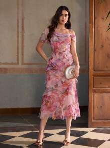ZEYLAH Women's Floral Print Asymmetrical Shoulder Ruffle Hem Elegant Dress