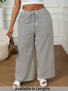 SHEIN PETITE CURVE Große Größen Sommer Loose Fit Gestreifte Casual Hose mit Gummibund und Kordelzug, Strandurlaub, Sommer, geeignet für kleinere Personen - marineblau - Übersicht 2