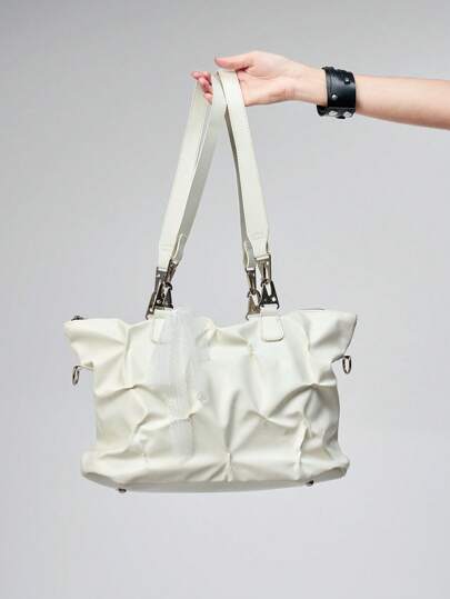 Grunge Punk Fashionable Multi-Purpose Pleated Tote Bag, Large Capacity Shoulder Crossbody Bag For Women, White