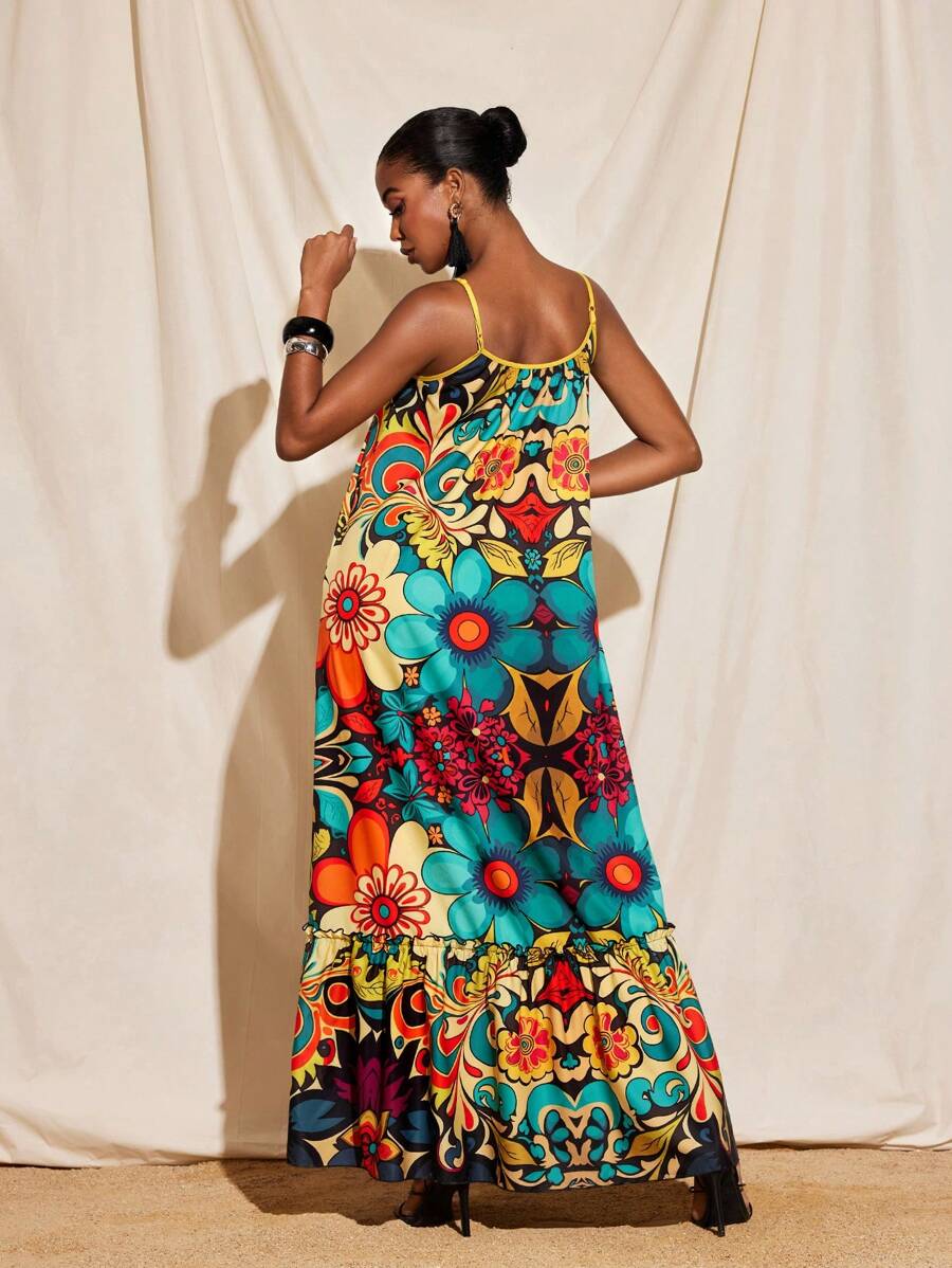 JIAN LASALA Boho All-Over Printed Spaghetti Straps A-Line Oversized Maxi Dress Women Vacation Summer Dress Women Birthday Outfit Women Dresses Elegant Gown Women Summer Clothing Beach Vacation Outfits European Summer Going Out Hawaii Outfits Women Ankara Dress Resort Wear Flowy Dress Vintage Homecoming Formal Dress Wedding Guest Dress Women - Multicolor - View 1