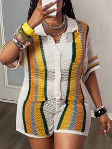 Slaydiva 2pcs Set 2025 Spring & Summer Casual & Beach Resort Knitted Collared Short Sleeve Blouse With Pocket And Shorts, Colorful Stripe Contrast Knitted Set, Plus Size Women