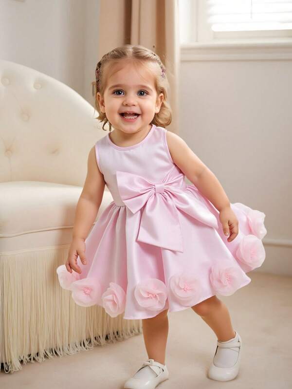 Baby Girl's A-Line Dress With Solid Color, Luxurious 3D Bow, And 3D Flower Decorations For Elegant And Premium Look. Made Of High-Quality Soft Fabric To Showcase A Luxurious Style. Fashionable Design And Relaxed Fit For Graceful Wearing