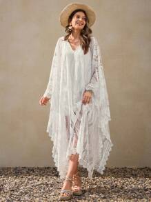 Wildy Đầm ren dài lãng mạn phong cách Bohemian mùa hè dành cho nữ, thích hợp cho kỳ nghỉ, đầm trắng nữ, đầm chống nắng cỡ lớn nữ, đầm sinh nhật trắng, đầm tốt nghiệp trắng, đầm cưới trắng, đầm phù dâu, trang phục Boho nữ, đầm Kaftan. - Màu be - Xem 5