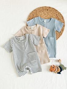 SHEIN 3pcs/Set Newborn Baby Round Neck Half-Snap Romper & Shorts Set, Cute Simple Design, Soft & Comfortable Rib Fabric, Suitable For Everyday Home, Outdoor, Spring & Summer Baby Clothes Cotton New Born Unisex Clothes Unisex Baby Clothes