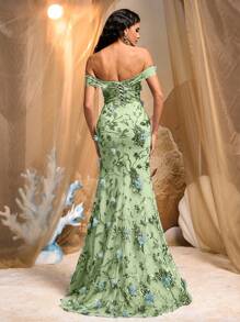 Glamrae 优雅奢华亮片 3D 花卉露肩 V 领网眼透视侧高开叉鱼尾拖尾可调节系带长款晚礼服，正式，派对礼服，适合婚礼宾客 - 薄荷綠 - 查看 2