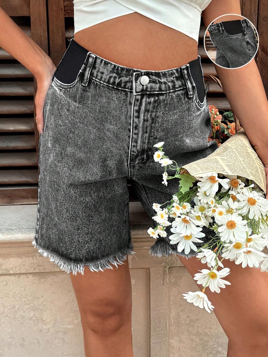 SHEIN Pregnant Women Dark Grey Raw Edge Skinny Denim Shorts - Black - View 1