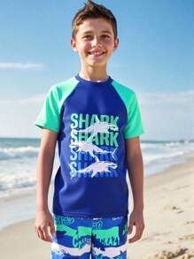 男童拼色鲨鱼印花沙滩泳裤套装