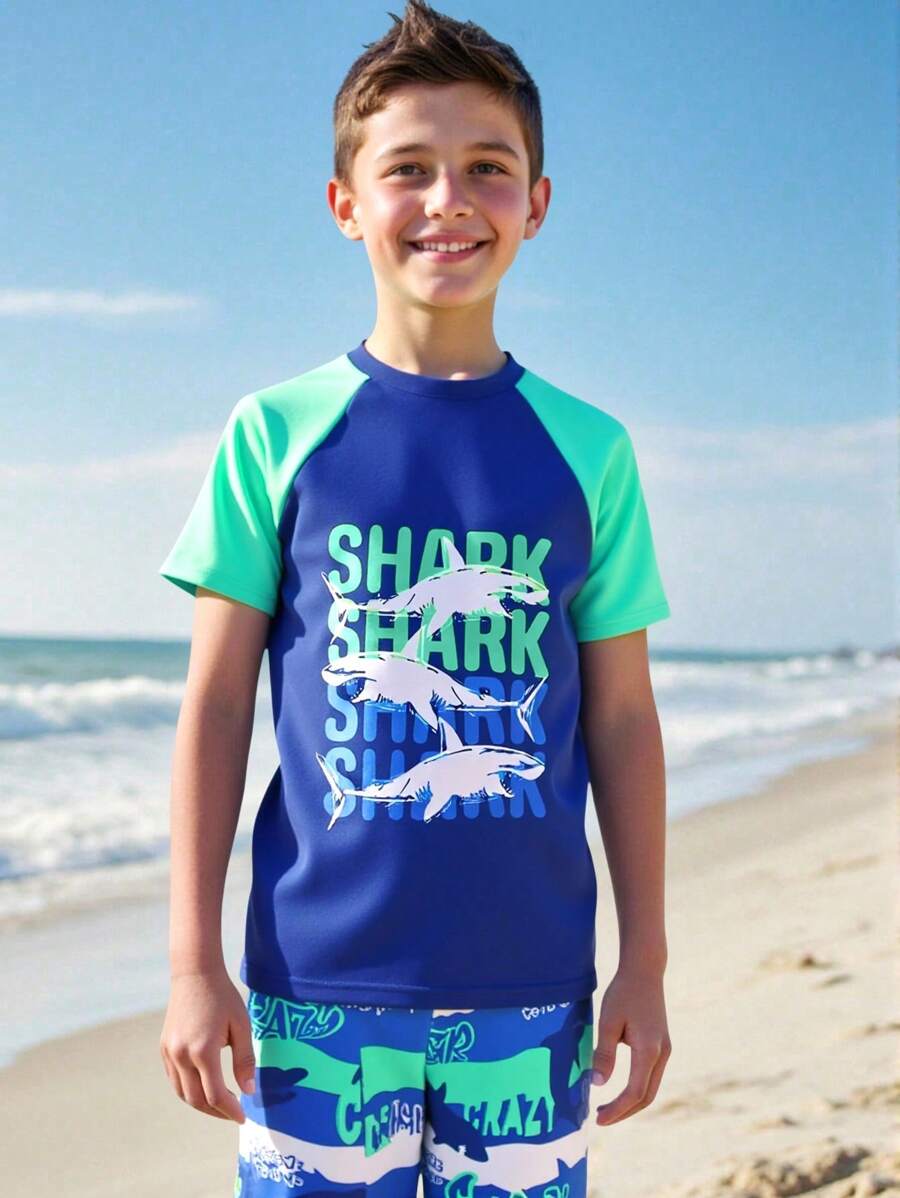 男童拼色鲨鱼印花沙滩泳裤套装