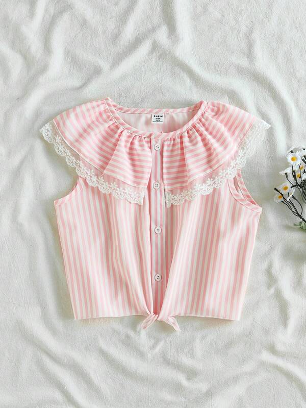 SHEIN Tween Girls' Casual Striped Sleeveless Round Neck Loose Fit Shirt, Blue & White Striped Digital Printed Fabric, Versatile For Outdoor Or Home Wear, Spring