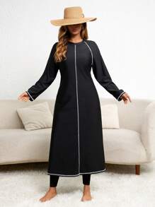 Swim Mulvari Plus Size Colorblock Round Neck Raglan Sleeve Long Sleeve Beach Burkini Top For Summer Beach Vacation - Black - View 4