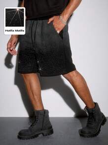 ROMWE MEN Street Life Men's Ombre Rhinestone Gradient Color Print Shorts, Suitable For Daily Wear In Spring & Summer