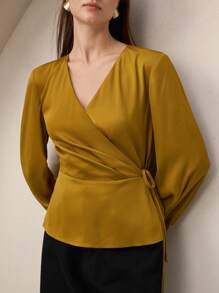 BizChic Women's V-Neck Tie Waist Long Sleeve Satin Blouse, Urban Commute Office Business Casual Elegant Lady Formal Shirt Top