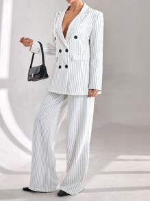 CLARA VERO Conjunto de traje elegante con camisa de botones a rayas blancas para mujer