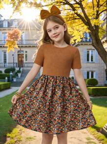 SHEIN 青少女針織純色圓領拼接編織花卉連衣裙 - 彩色 - 查看 8