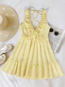 Dames mini-jurk met ruches en bandjes, effen kleur en geel, casual vakantiestijl, zomer
