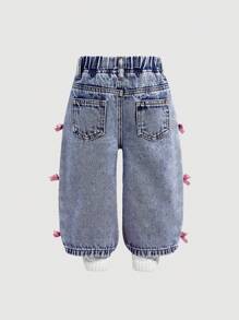 SHEIN Baby Girls' Y2K Cute Pink Bow Accent Loose Blue Denim Pants,Baby Girls New Year Cute Outfit, Denim Jeans - Light Wash - View 2