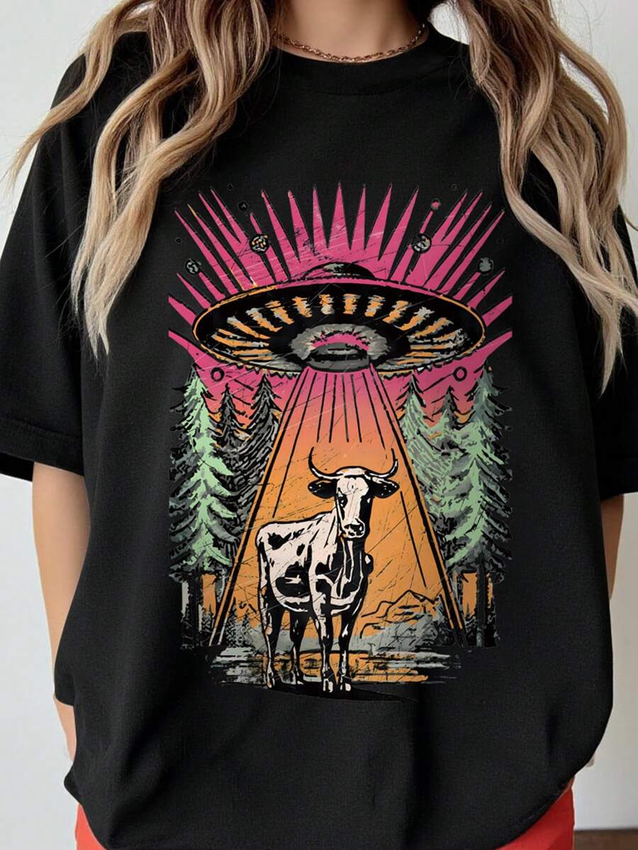 SHEIN CURVE+ UFO Cow T-Shirt, Funny Vintage Alien Graphic Tee, Unisex Soft Colorful T-Shirt, Plus Size Aesthetic UFO Graphic Women T-Shirt