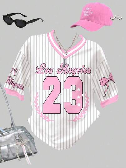 SHEIN Girlism Teen Girls Loose V-Neck Short Sleeve T-Shirt With Y2K Ballet Bowknot Striped Letter 23 Basketball Jersey Print, Casual Streetwear Style Suitable For Summer