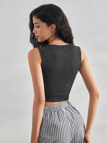 Ocili Leisure Women's Casual Plain Color Black Lounge Top, Summer Holiday Season