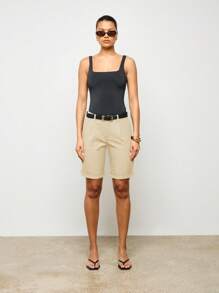 AiiRZ 量身定制百慕大休闲短裤斜纹布夏季商务休闲办公室褶皱阔腿裤及膝度假裤 - 杏色 - 查看 3