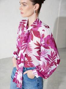 Aveloria Modichic Random Plant Print Tie Front Chiffon Long Sleeve Sheer Shirt, Summer Fall Cloth For Women - Multicolor - View 5