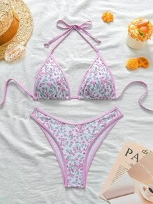 Swim Mod Women's Ditsy Floral Printed Pink Bikini Set For Summer Beach Vacation - Purple - View 1