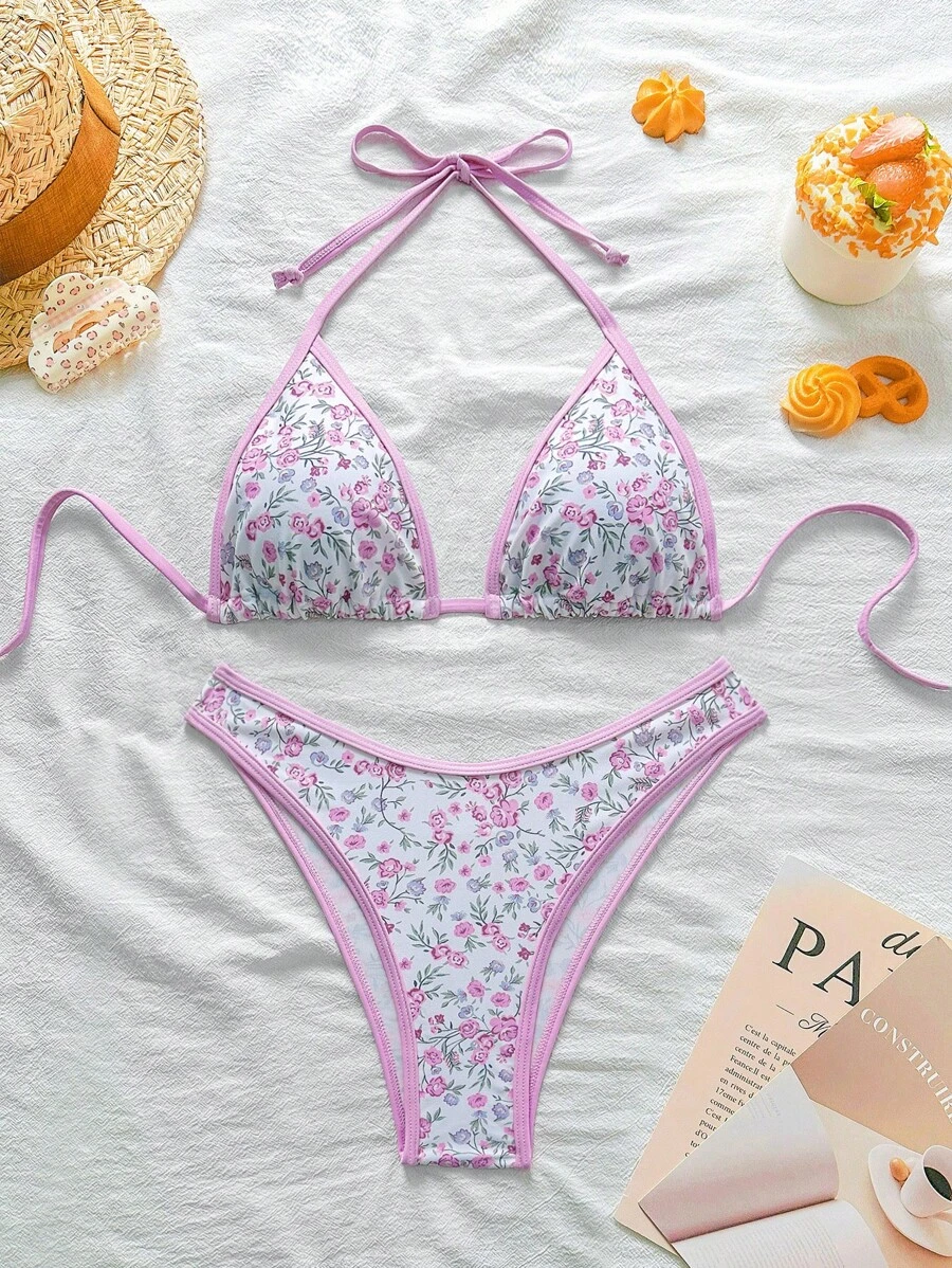 Swim Mod Women's Ditsy Floral Printed Pink Bikini Set For Summer Beach Vacation - Purple - View 1