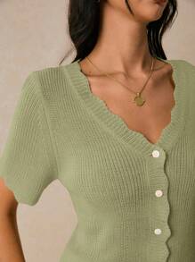 Poéselle 女式休闲纯色V领短袖针织上衣 - 薄荷綠 - 查看 5