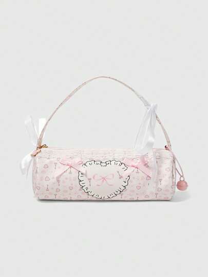 Kawaii Heart Lace Cute Heart Bow Pattern Small Portable Cosmetic Organizer Bag Pen Case With Chain 422977