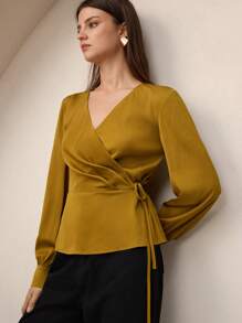 BizChic Women's V-Neck Tie Waist Long Sleeve Satin Blouse, Urban Commute Office Business Casual Elegant Lady Formal Shirt Top