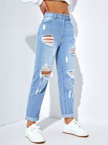 SHEIN PETITE Women's Casual Versatile Everyday Wear Distressed Button Pocket Denim Jeans - Blue - View 3
