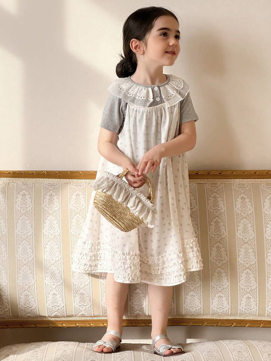 DAZY Set de 2 piezas para niñas jóvenes, con camiseta de manga corta con cuello de volantes y vestido floral ditsy, conjuntos de verano para niñas - Gris - Ver 1