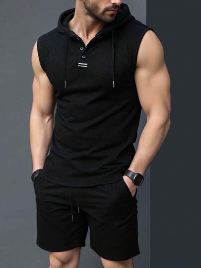 Manfinity Homme Men's Solid Color Hooded Tank Top And Pocket Shorts Set