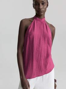 Ontre Blusa de estilo vacacional morada para todo el año, uso diario, elegante blusa holgada de cuello halter con pliegues - Morado - Ver 3