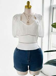 Flirla Plus Size Women Solid Color Romantic Elegant Hollow Textured Fitted Blouse Elegant Exquisite - White - View 3