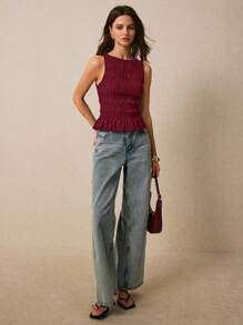 Poéselle 女式夏季纯色褶皱圆领荷叶边下摆时尚吊带背心 - 酒紅色 - 查看 6