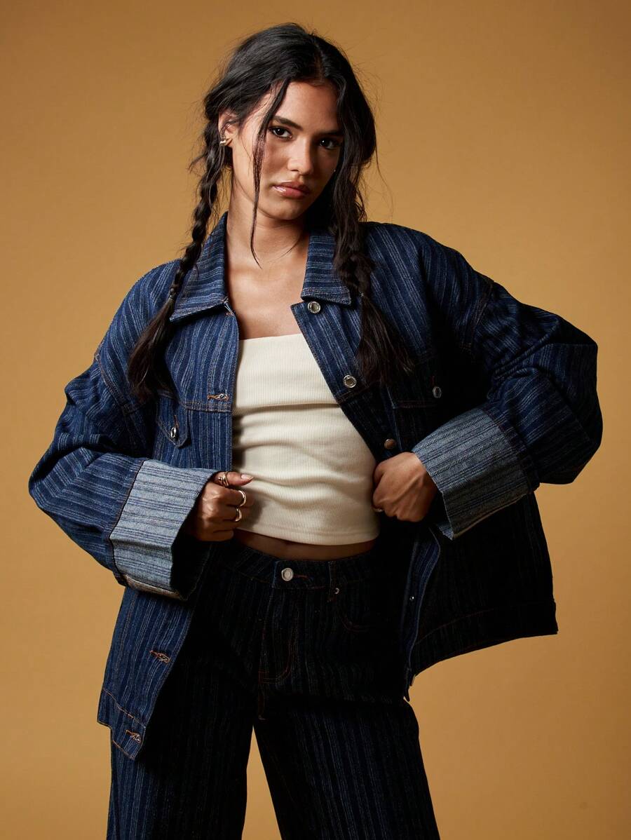 MISSGUIDED Premium Striped Denim Trucker Jacket Oversized Retro Y2K Fashion Statement Wide Cuff Winter Fall Streetwear Outerwear - Blue - View 1