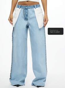 SUMWON WOMEN 内外设计直筒牛仔裤，独特白色面板覆盖，做旧毛边下摆，Y2K 时尚宣言牛仔裤，街头潮流 - 藍色 - 查看 8