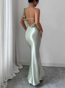 Elenzga Women's Elegant Summer Evening Dress, 3D Floral, Satin Spaghetti Strap Backless Waist Cinched Dress, Suitable For Gala, Party, Luxury Evening Gown - Green - View 5