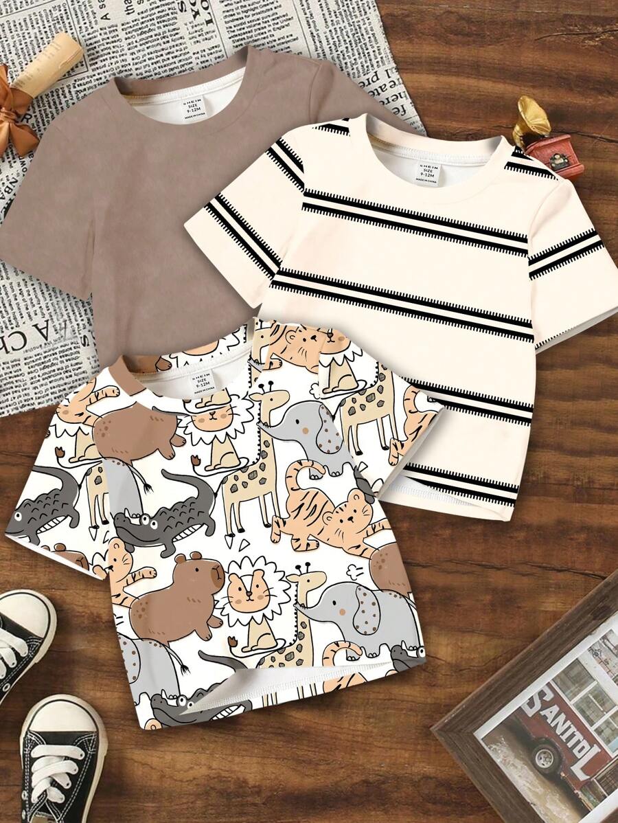 SHEIN 3pcs/Set Baby Boy Casual Graphic Crew Neck Short Sleeve T-Shirts, Suitable For Summer Cartoon - Multicolor - View 1