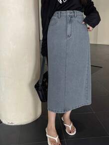 DAZY 女士休闲水洗素色开衩牛仔A字裙 - 淺色水洗藍 - 查看 6