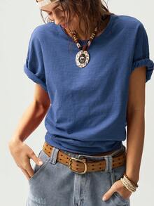 Bohemela 纯色针织连帽短袖宽松水洗女式T恤 - 藍色 - 查看 3