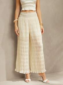 L'Amorae 优雅褶皱雪纺抽褶阔腿度假裤，女士夏季服装，女士沙滩装 - 白色 - 查看 4