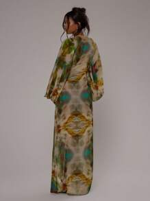 MUSERA 深V领宽松流苏印花长袖连衣裙，适合春夏度假、婚礼宾客、海滩度假、伊比沙岛之旅、秋季婚礼宾客、生日派对、教堂活动、晚宴等场合，适合春夏穿着。 - 綠色 - 查看 2