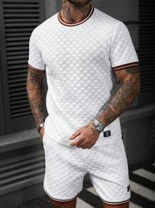 Manfinity Homme 2pcs Men's Applique Striped Print Round Neck Short Sleeve T-Shirt And Pocket Shorts Set