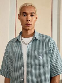 EASEVO 夏季大码男士休闲格子短袖衬衫 - 藍色 - 查看 3